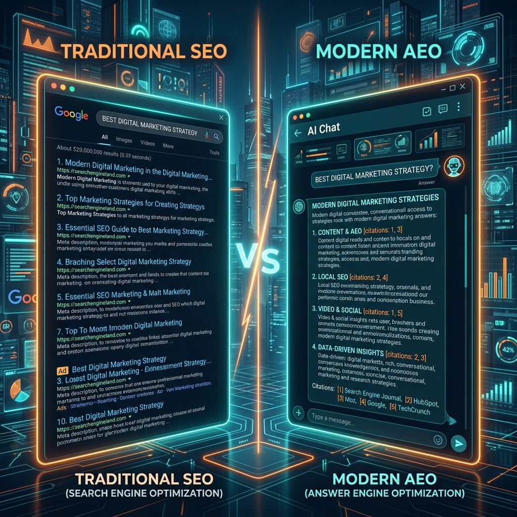 Comparison illustration between traditional SEO and AI-driven AEO