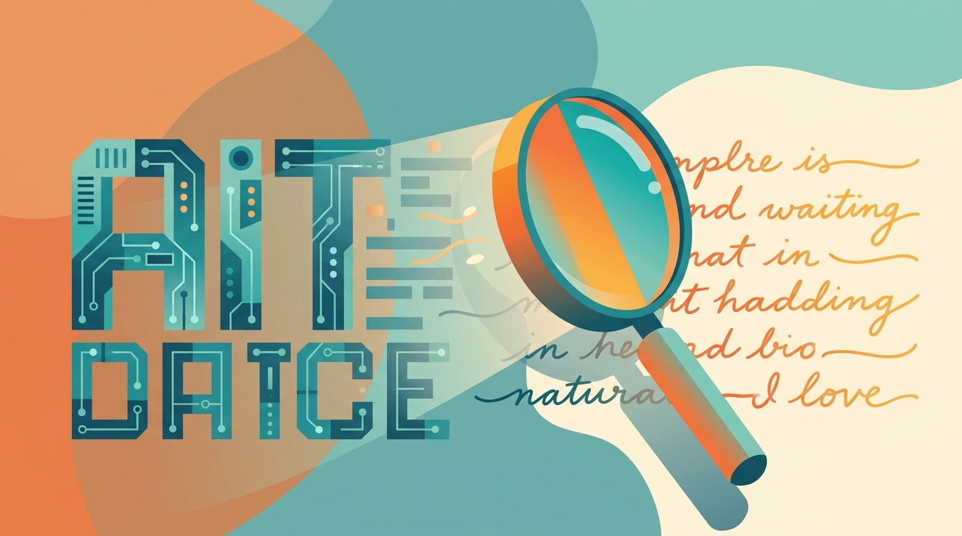 Illustration of robotic AI text transforming into natural handwriting while a magnifying glass detector scans it