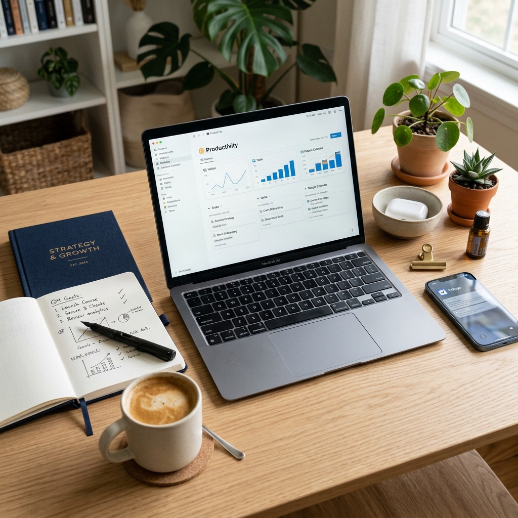 A solopreneur's complete productivity tool stack on a desk