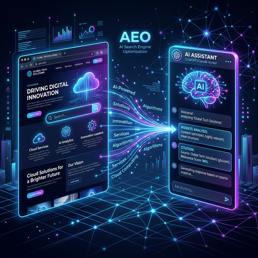 Futuristic digital illustration of AI search optimization