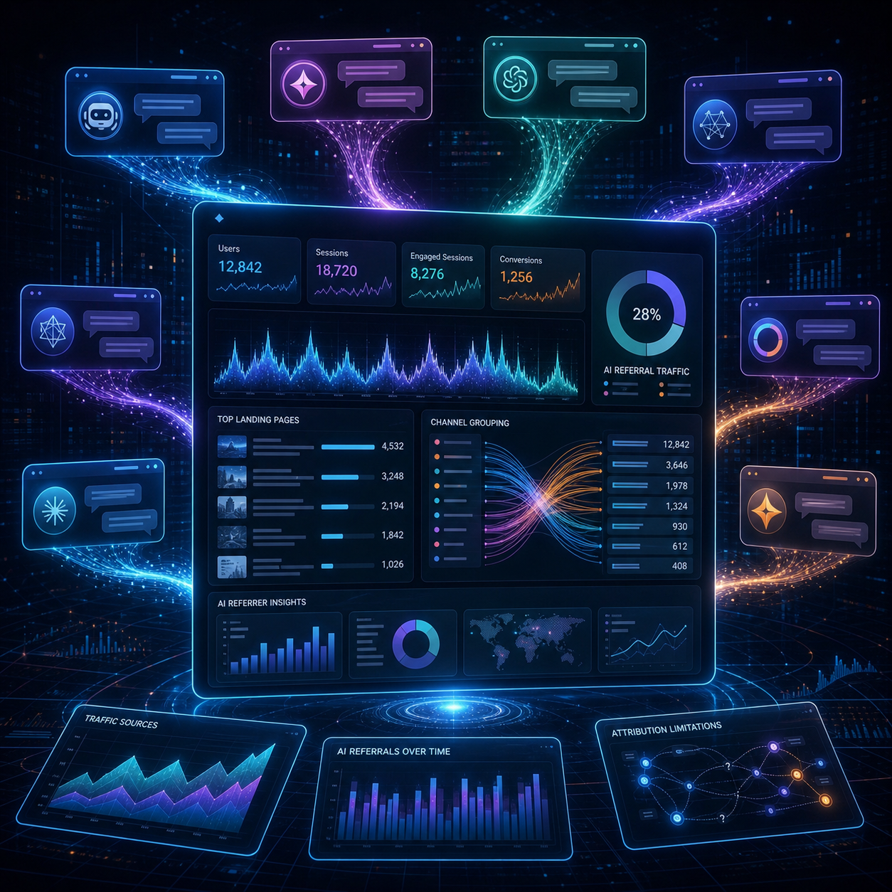 Analytics dashboard illustration tracking referral traffic from AI assistants
