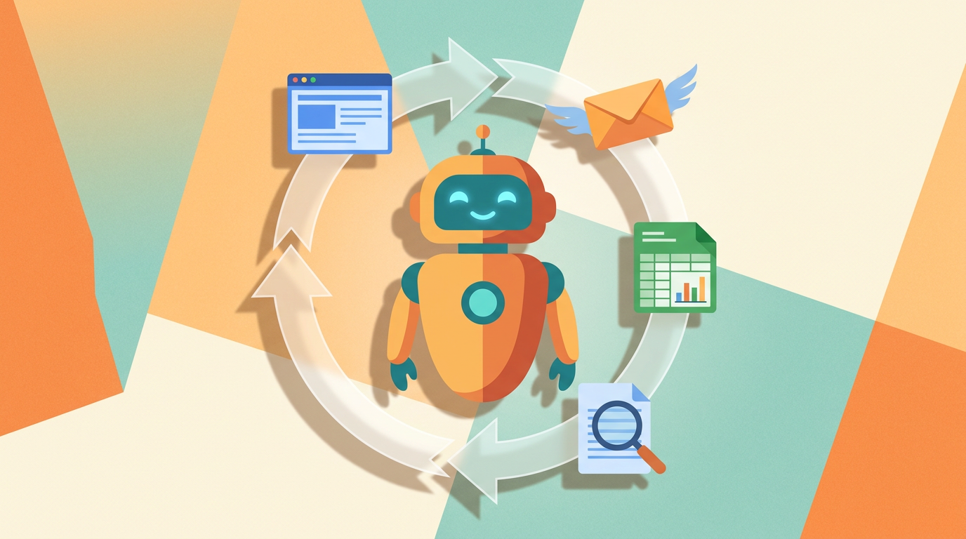 Illustration of an AI agent: a robot connected by a looping arrow to browser, email, and spreadsheet tool icons