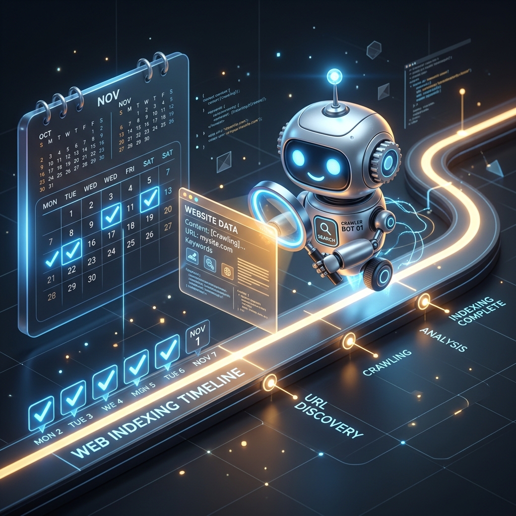 3D illustration of a website indexing timeline, a calendar, and an inspection magnifying glass