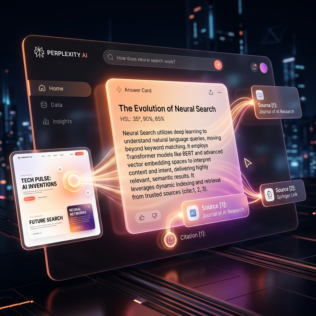 Illustration of a Perplexity-style answer card pulling citations from a small website